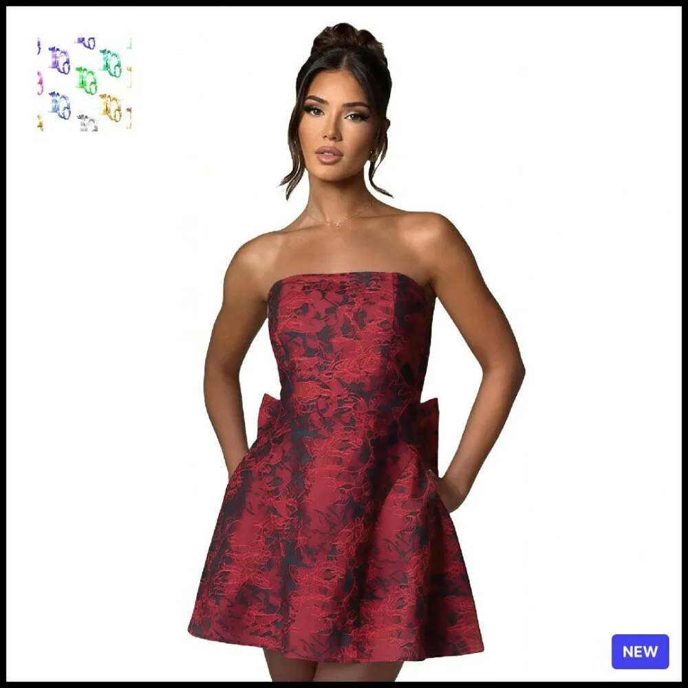 Strapless Jacquard Satin Mini Dress Elegant A-Line Prom Party Gown